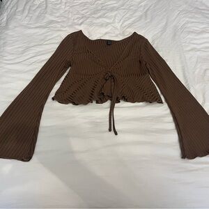 SHEIN Chocolate Ribbed Bell Sleeve Blouse